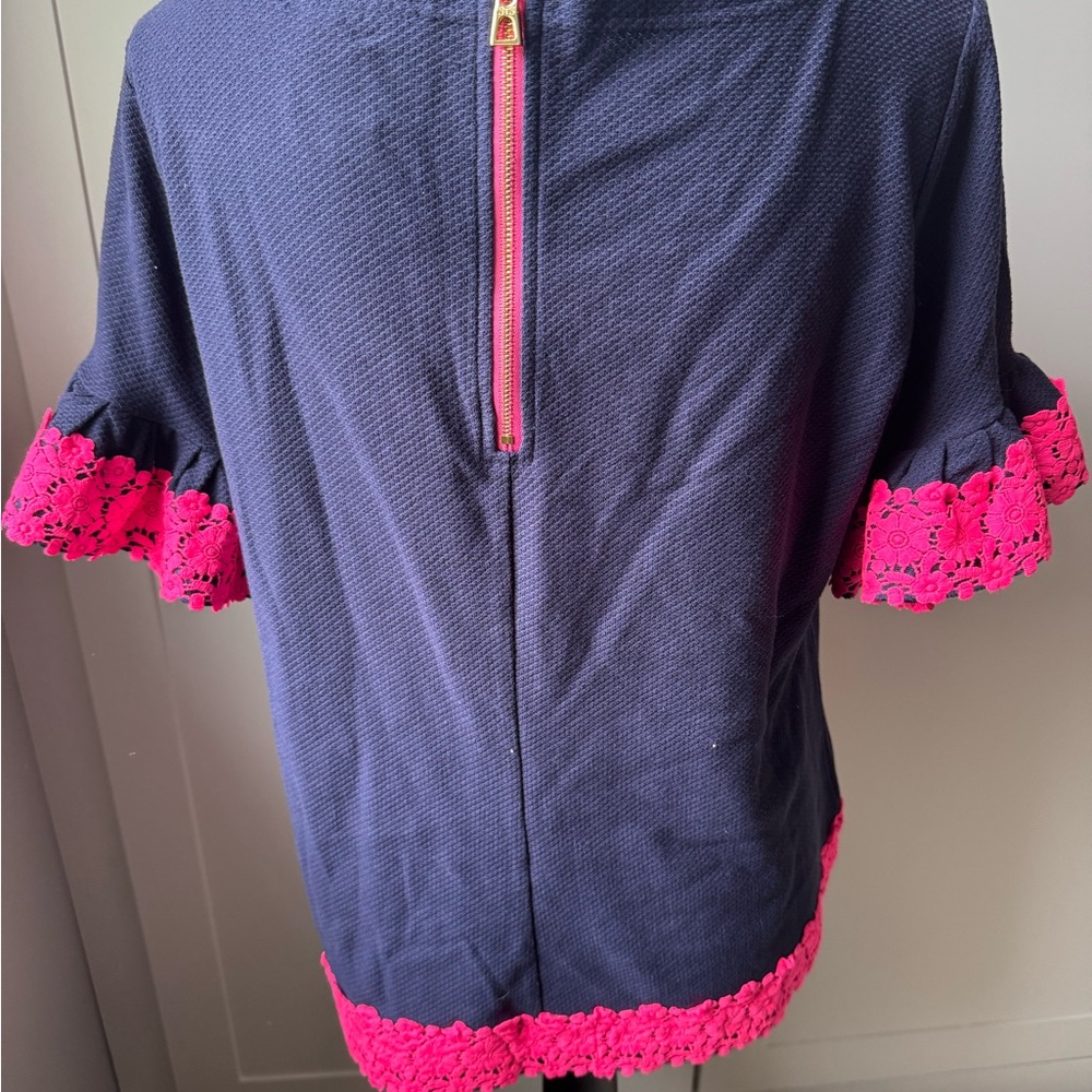 Sail to sable Navy pique fabric with Pink Lace Trim Women's Top - Picture 4 of 6